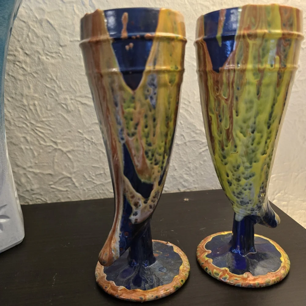 2 HANDCRAFTED Upcycled Glass Goblets HANDPAINTED Abstract Viking Drinkwear Art